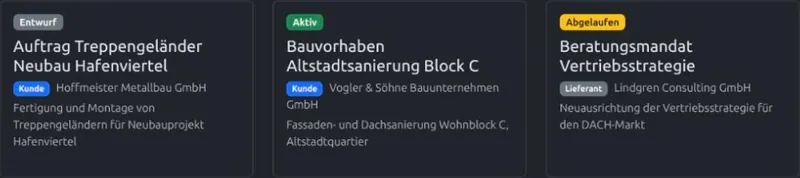 Verträge in der Kachelansicht mit ihren Status-Kennzeichen