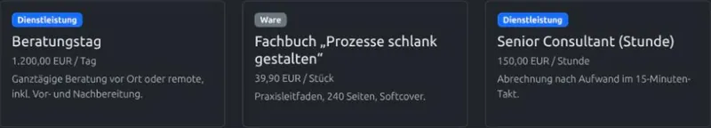 Produkte in der Kachelansicht mit Typ, Einzelpreis und Einheit