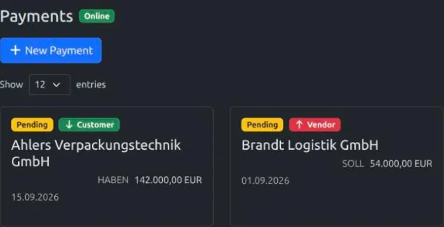Payments in Grid view with status, direction and SOLL/HABEN label