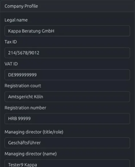 The Company Profile form in Settings
