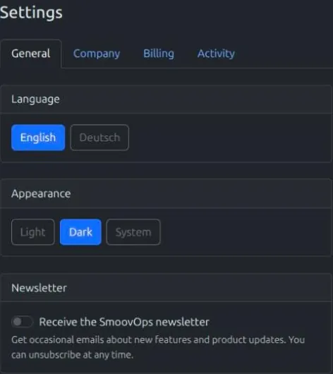 The General tab of Settings
